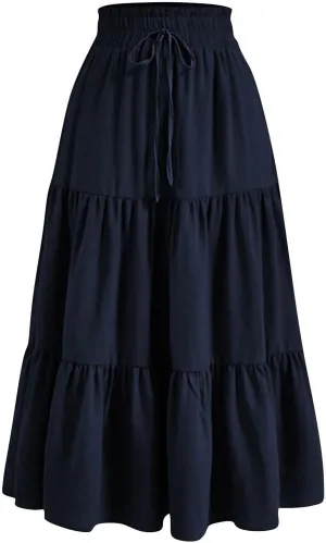 Skirts for Women Summer Boho Maxi Skirt Flowy Ruffle Tiered Elastic High Waist Smocked Dresses Beach Casual Dress
