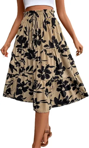 Skirts for Women Trendy Bohemian Floral Print Pleated High Elastic Waist A-Line Knee Length Boha Skirts Streetwear