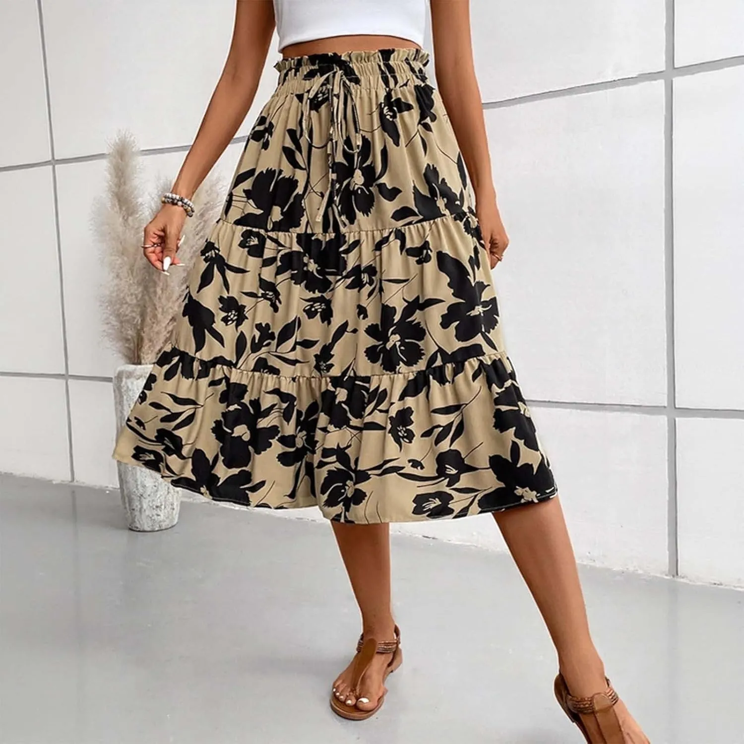 Skirts for Women Trendy Bohemian Floral Print Pleated High Elastic Waist A-Line Knee Length Boha Skirts Streetwear