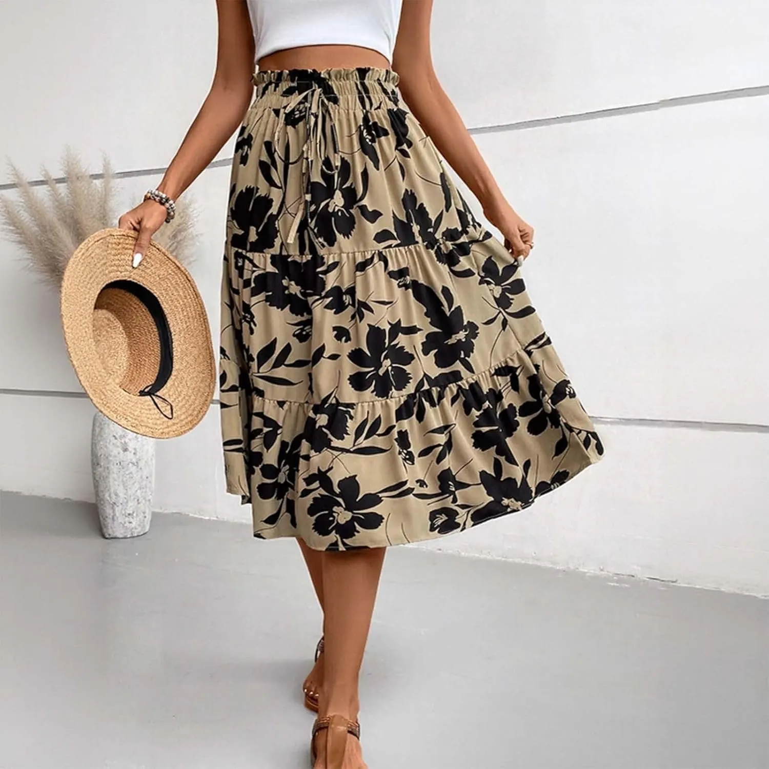 Skirts for Women Trendy Bohemian Floral Print Pleated High Elastic Waist A-Line Knee Length Boha Skirts Streetwear