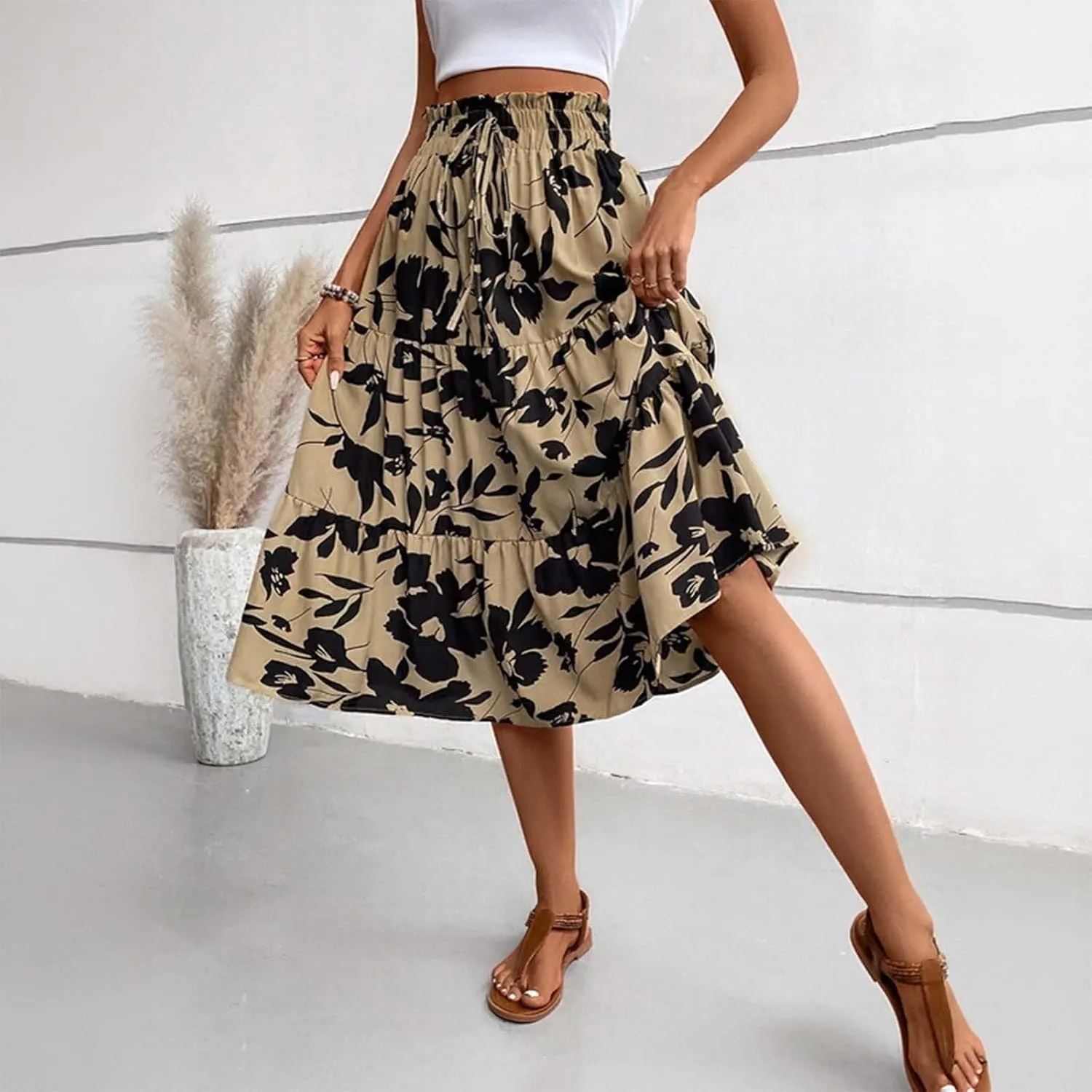 Skirts for Women Trendy Bohemian Floral Print Pleated High Elastic Waist A-Line Knee Length Boha Skirts Streetwear
