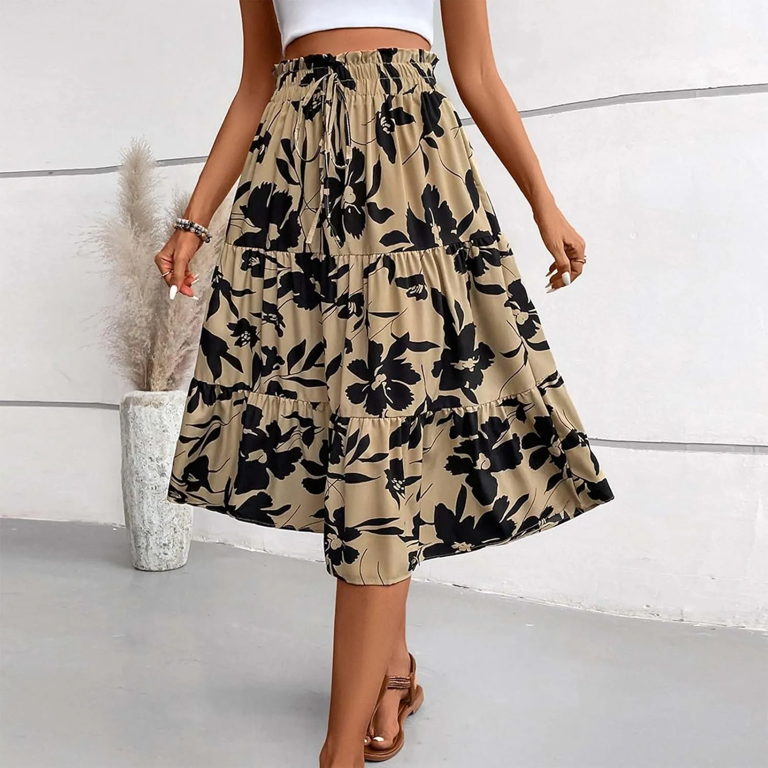 Skirts for Women Trendy Bohemian Floral Print Pleated High Elastic Waist A-Line Knee Length Boha Skirts Streetwear
