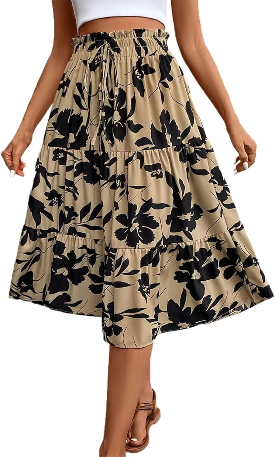 Skirts for Women Trendy Bohemian Floral Print Pleated High Elastic Waist A-Line Knee Length Boha Skirts Streetwear