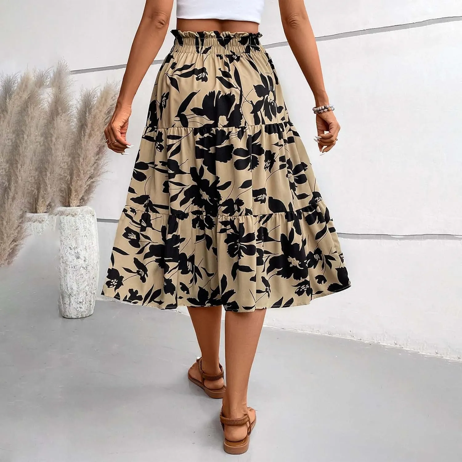 Skirts for Women Trendy Bohemian Floral Print Pleated High Elastic Waist A-Line Knee Length Boha Skirts Streetwear
