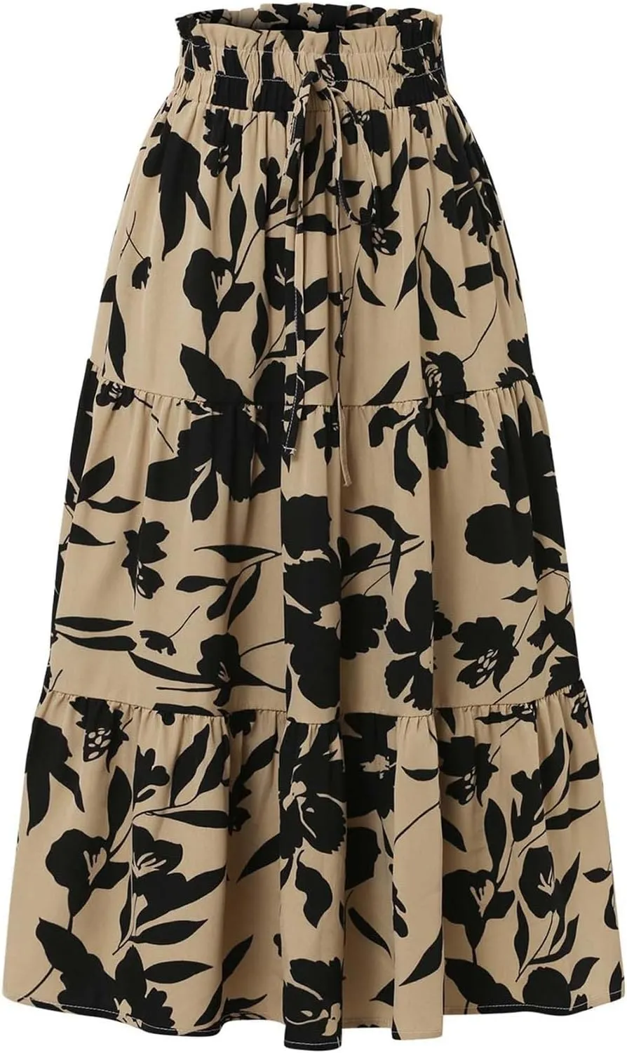 Skirts for Women Trendy Bohemian Floral Print Pleated High Elastic Waist A-Line Knee Length Boha Skirts Streetwear