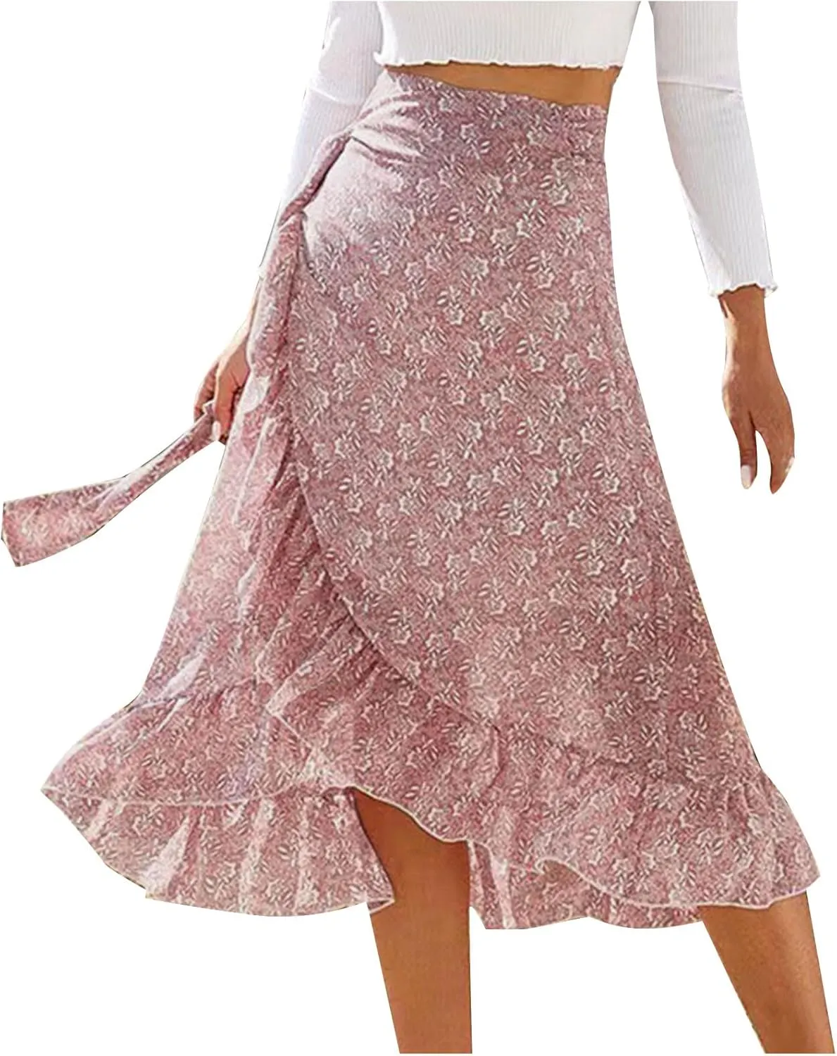Skirts for Women Trendy Summer Bohemian Floral Print Bow-Knot Waist Midi Skirt Elegant A-Line Swing Skirt Ruffle Hem