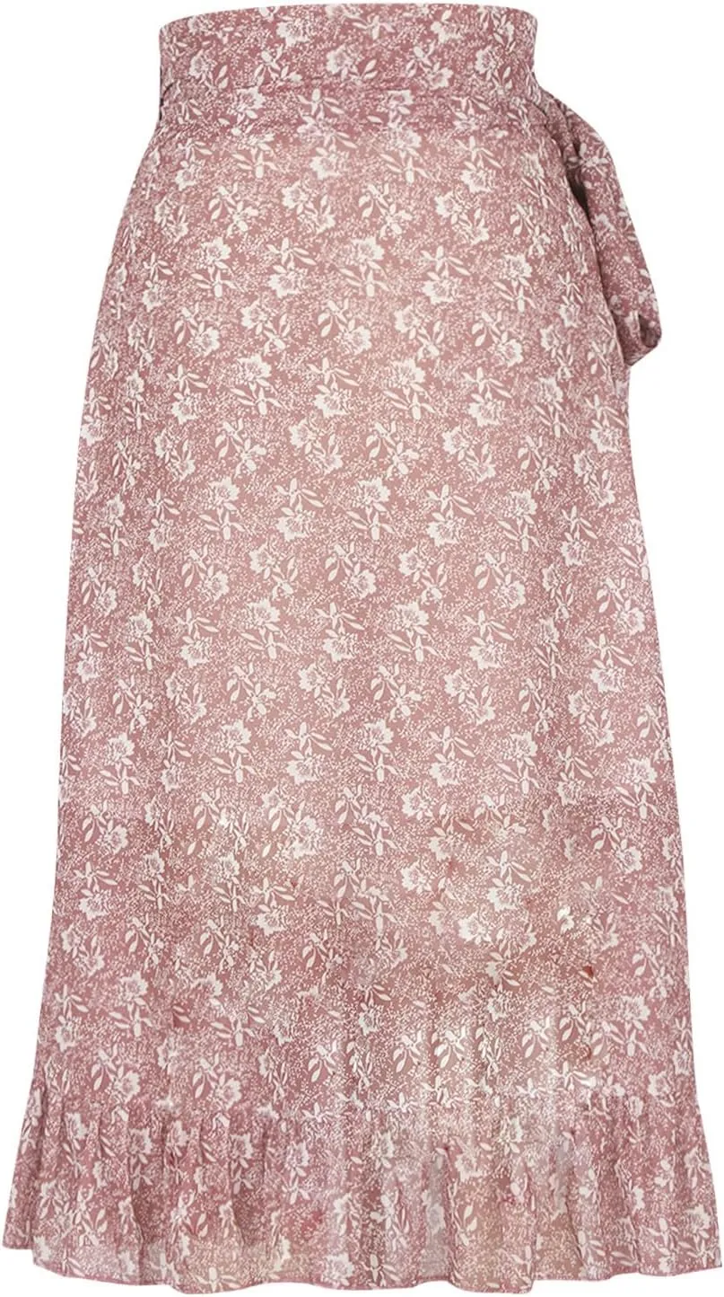 Skirts for Women Trendy Summer Bohemian Floral Print Bow-Knot Waist Midi Skirt Elegant A-Line Swing Skirt Ruffle Hem