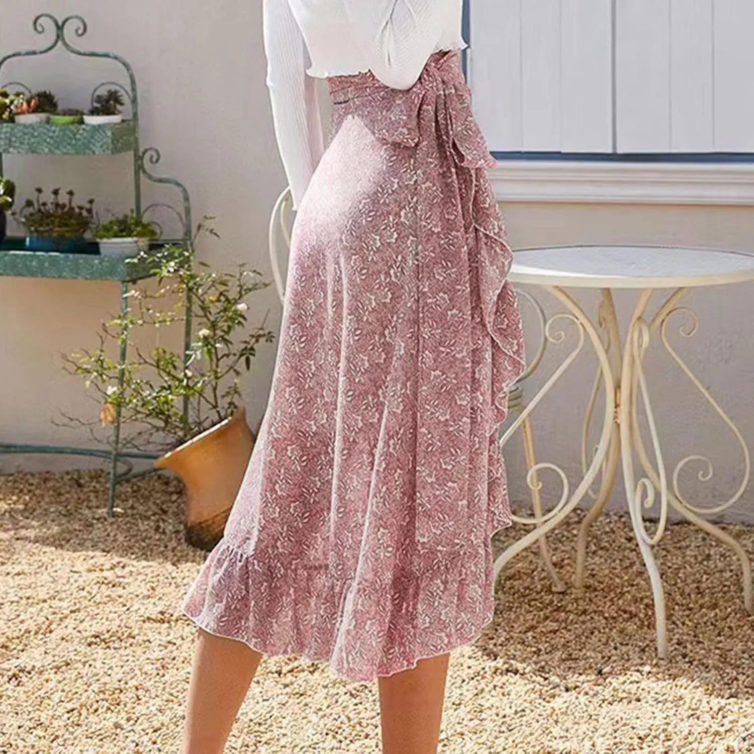Skirts for Women Trendy Summer Bohemian Floral Print Bow-Knot Waist Midi Skirt Elegant A-Line Swing Skirt Ruffle Hem
