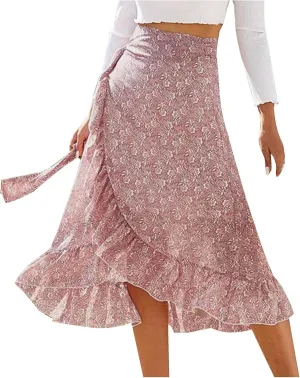 Skirts for Women Trendy Summer Bohemian Floral Print Bow-Knot Waist Midi Skirt Elegant A-Line Swing Skirt Ruffle Hem