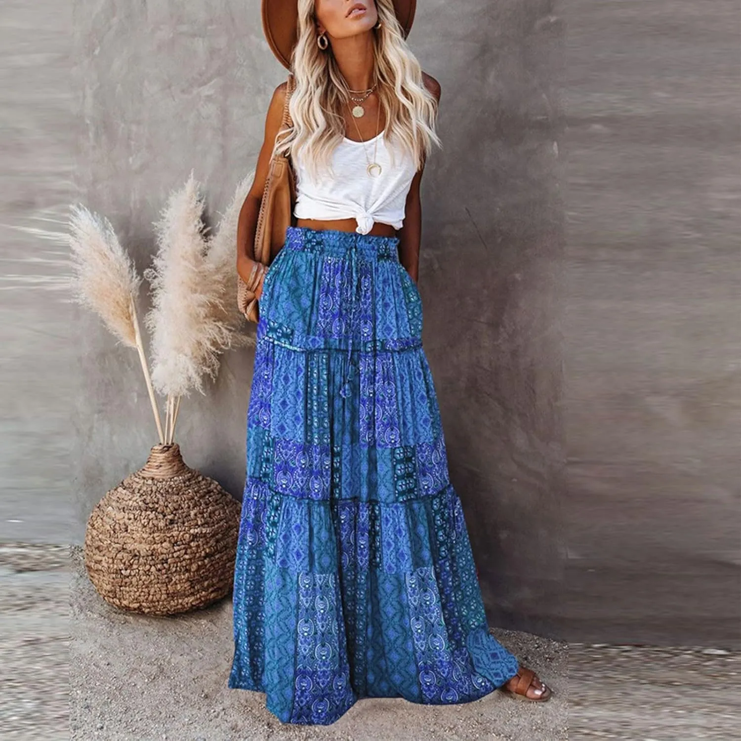 Skirts for Women,Trendy Womens Boho Maxi Skirt with Pockets Linen Flowy Long Skirts 2025 Elastic High Waisted
