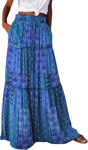 Skirts for Women,Trendy Womens Boho Maxi Skirt with Pockets Linen Flowy Long Skirts 2025 Elastic High Waisted
