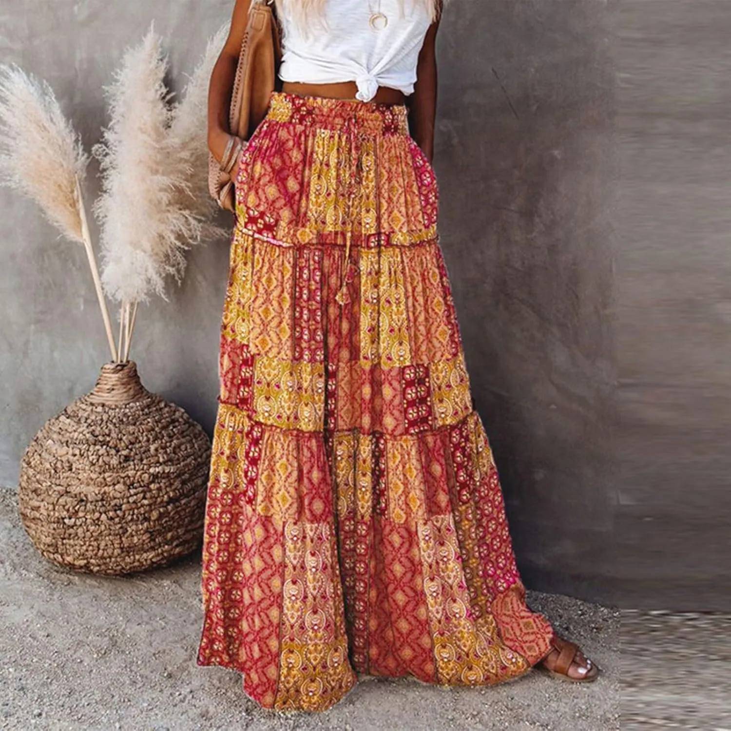Skirts for Women,Trendy Womens Boho Maxi Skirt with Pockets Linen Flowy Long Skirts 2025 Elastic High Waisted