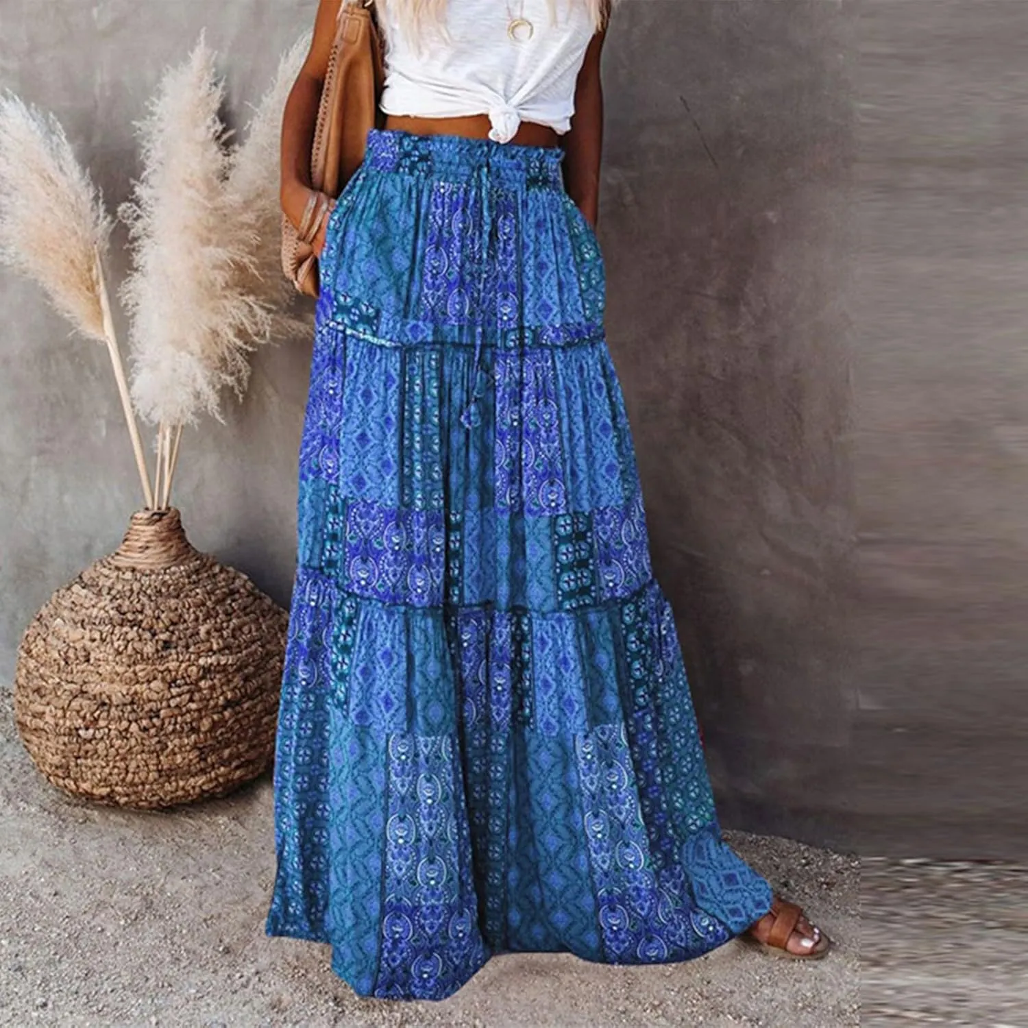 Skirts for Women,Trendy Womens Boho Maxi Skirt with Pockets Linen Flowy Long Skirts 2025 Elastic High Waisted