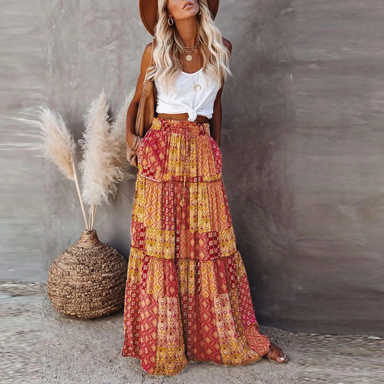Skirts for Women,Trendy Womens Boho Maxi Skirt with Pockets Linen Flowy Long Skirts 2025 Elastic High Waisted