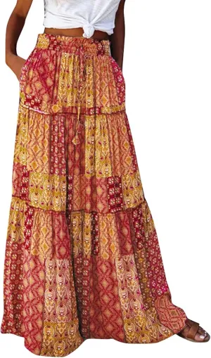 Skirts for Women,Trendy Womens Boho Maxi Skirt with Pockets Linen Flowy Long Skirts 2025 Elastic High Waisted