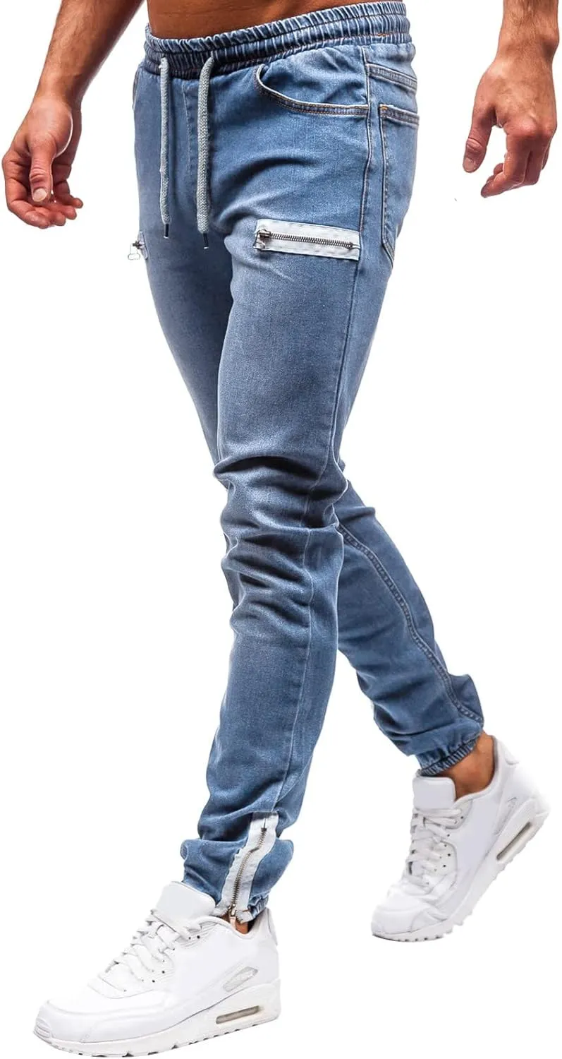 Slim Fit Jeans for Men Stretch Elastic Waist Designer Zipper Washed Denim Pants Casual Drawstring Fashion Tapered Trousers