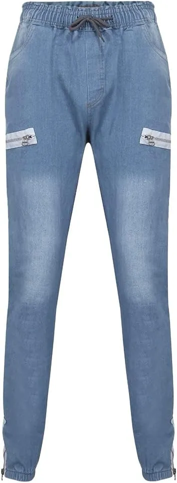 Slim Fit Jeans for Men Stretch Elastic Waist Designer Zipper Washed Denim Pants Casual Drawstring Fashion Tapered Trousers