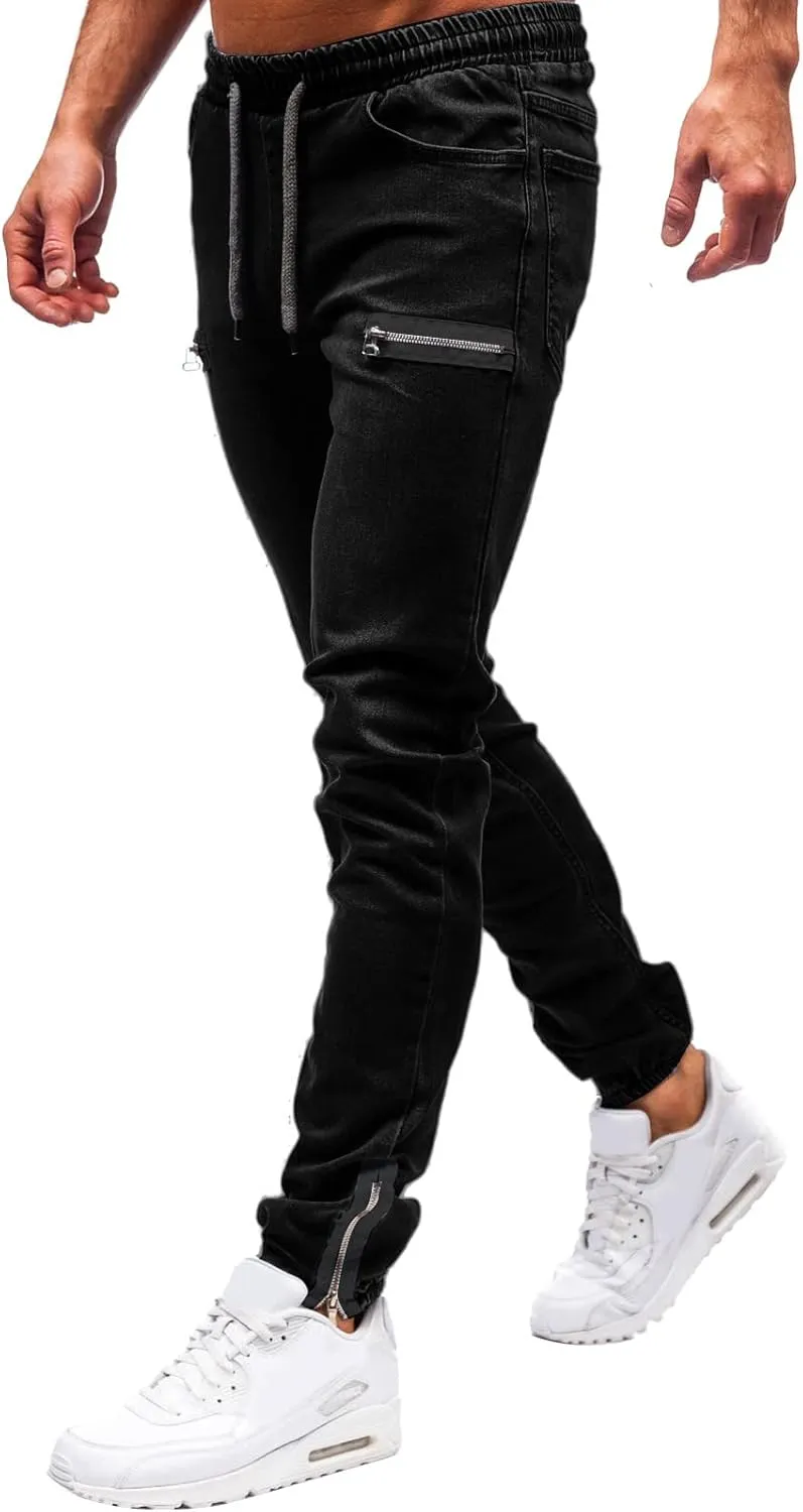 Slim Fit Jeans for Men Stretch Elastic Waist Designer Zipper Washed Denim Pants Casual Drawstring Fashion Tapered Trousers