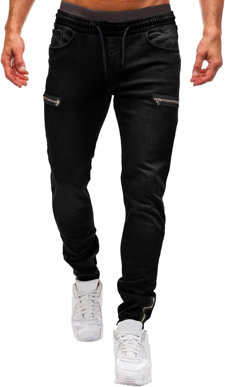 Slim Fit Jeans for Men Stretch Elastic Waist Designer Zipper Washed Denim Pants Casual Drawstring Fashion Tapered Trousers