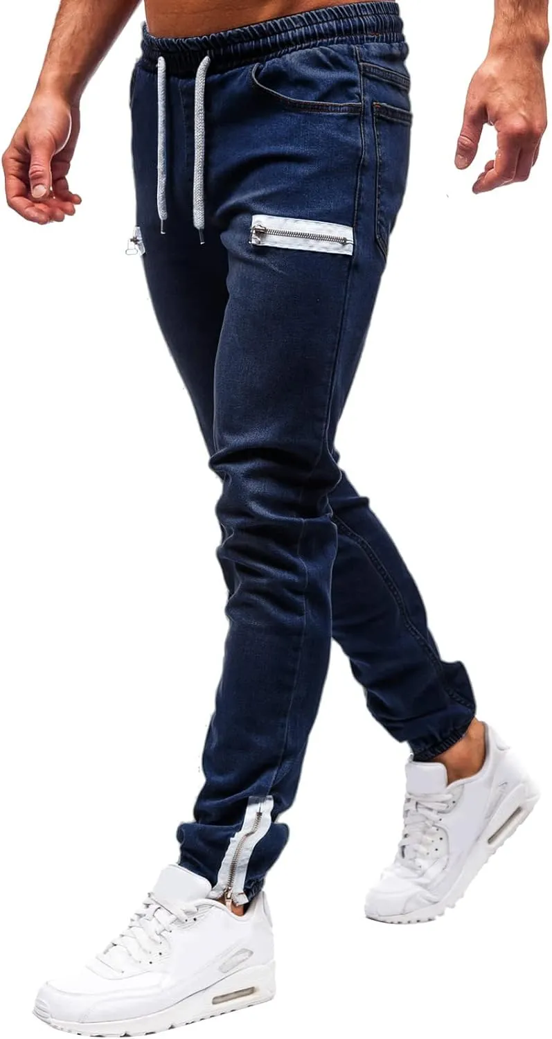 Slim Fit Jeans for Men Stretch Elastic Waist Designer Zipper Washed Denim Pants Casual Drawstring Fashion Tapered Trousers