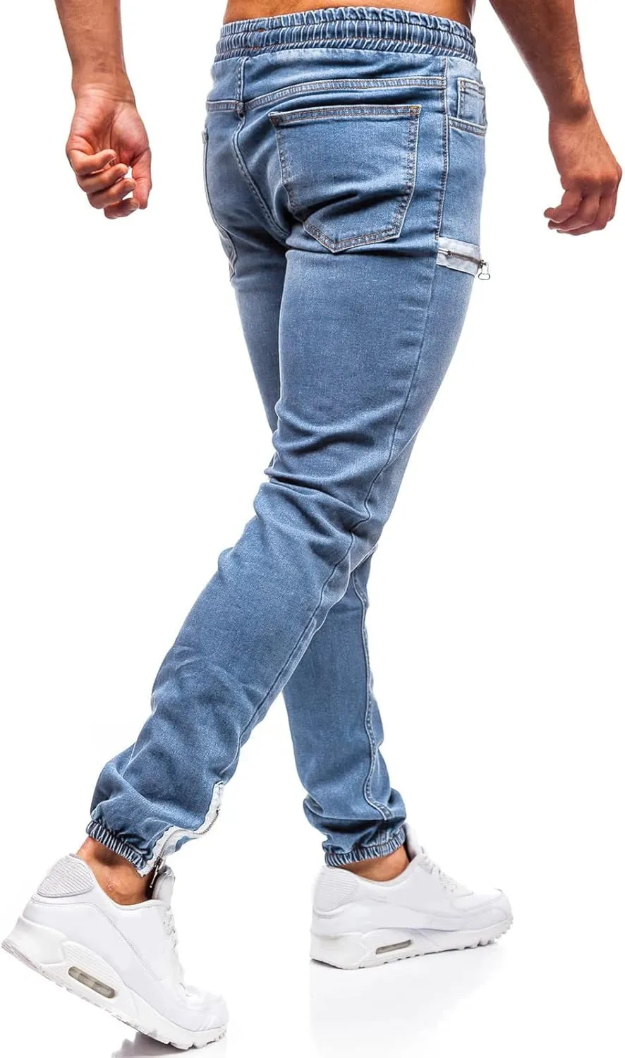 Slim Fit Jeans for Men Stretch Elastic Waist Designer Zipper Washed Denim Pants Casual Drawstring Fashion Tapered Trousers