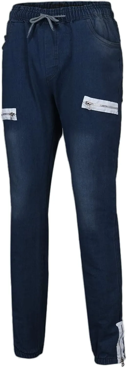 Slim Fit Jeans for Men Stretch Elastic Waist Designer Zipper Washed Denim Pants Casual Drawstring Fashion Tapered Trousers