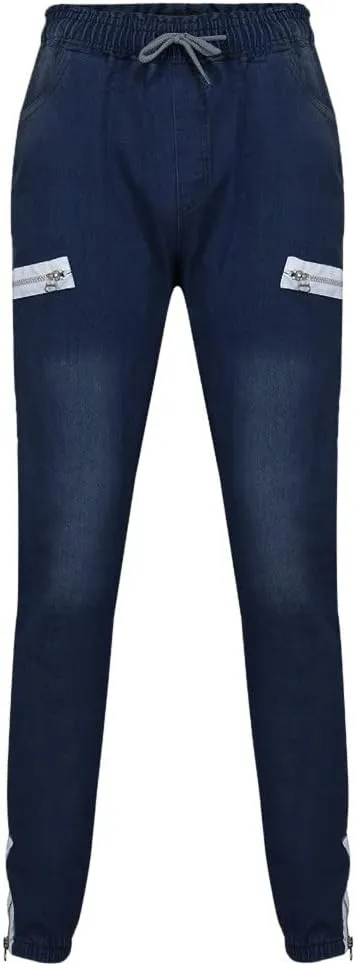 Slim Fit Jeans for Men Stretch Elastic Waist Designer Zipper Washed Denim Pants Casual Drawstring Fashion Tapered Trousers