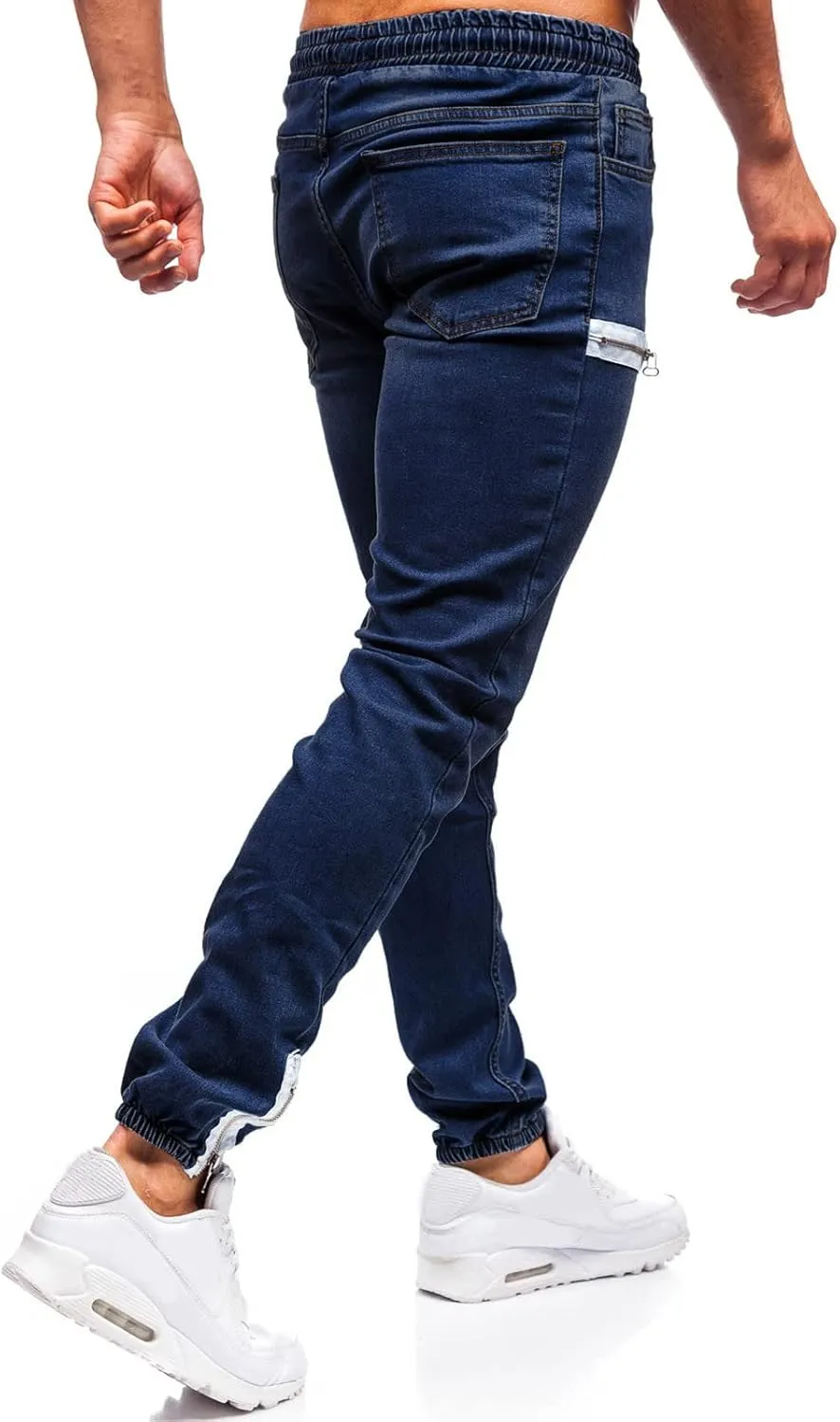 Slim Fit Jeans for Men Stretch Elastic Waist Designer Zipper Washed Denim Pants Casual Drawstring Fashion Tapered Trousers