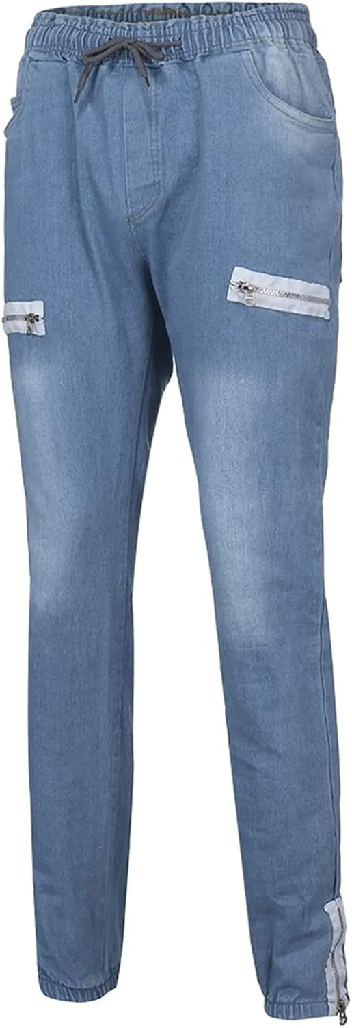 Slim Fit Jeans for Men Stretch Elastic Waist Designer Zipper Washed Denim Pants Casual Drawstring Fashion Tapered Trousers