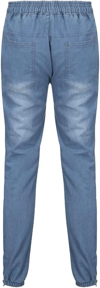 Slim Fit Jeans for Men Stretch Elastic Waist Designer Zipper Washed Denim Pants Casual Drawstring Fashion Tapered Trousers
