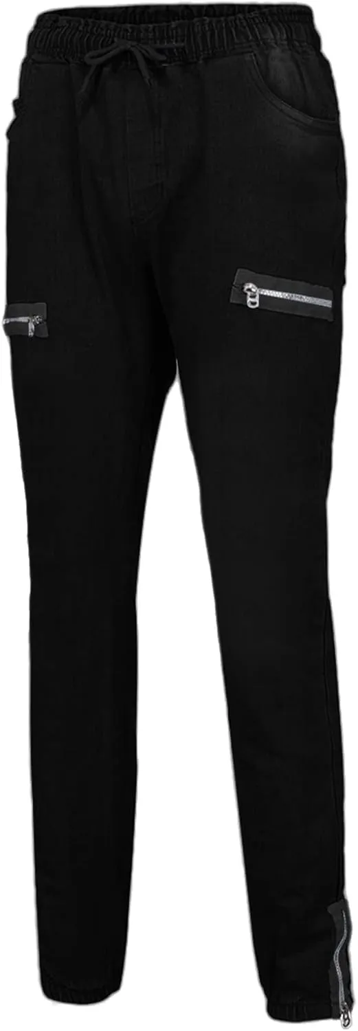 Slim Fit Jeans for Men Stretch Elastic Waist Designer Zipper Washed Denim Pants Casual Drawstring Fashion Tapered Trousers