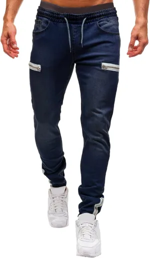 Slim Fit Jeans for Men Stretch Elastic Waist Designer Zipper Washed Denim Pants Casual Drawstring Fashion Tapered Trousers
