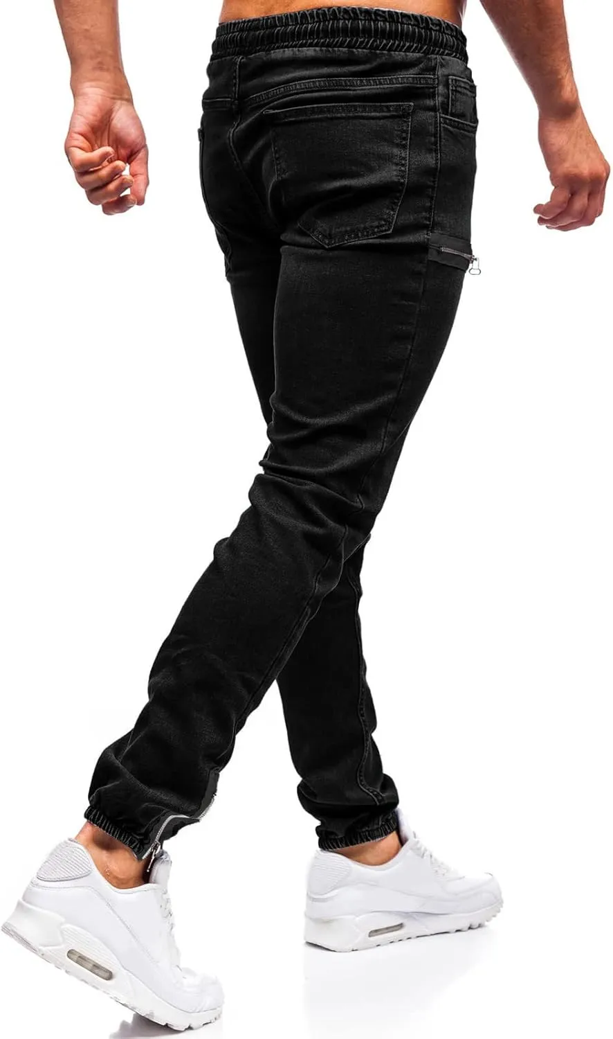 Slim Fit Jeans for Men Stretch Elastic Waist Designer Zipper Washed Denim Pants Casual Drawstring Fashion Tapered Trousers