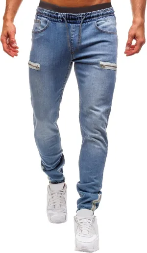 Slim Fit Jeans for Men Stretch Elastic Waist Designer Zipper Washed Denim Pants Casual Drawstring Fashion Tapered Trousers