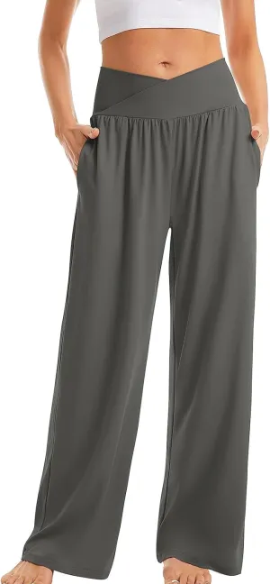 SMIDOW Womens Wide Leg Yoga Pants with Pockets Casual Loose High Waist Workout Pants Comfy Lounge Trousers Bootcut