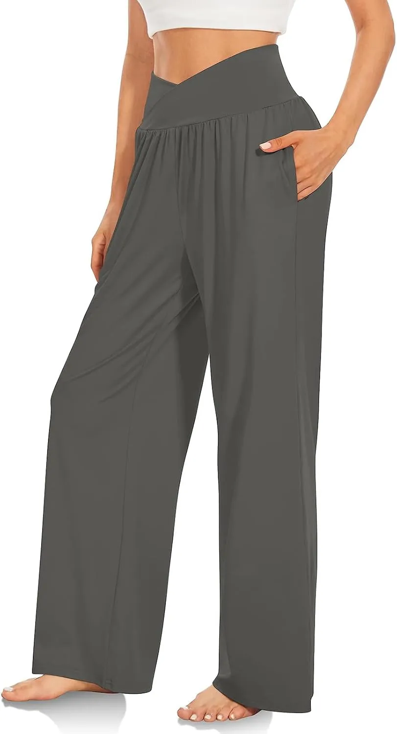SMIDOW Womens Wide Leg Yoga Pants with Pockets Casual Loose High Waist Workout Pants Comfy Lounge Trousers Bootcut