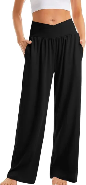 SMIDOW Womens Wide Leg Yoga Pants with Pockets Casual Loose High Waist Workout Pants Comfy Lounge Trousers Bootcut