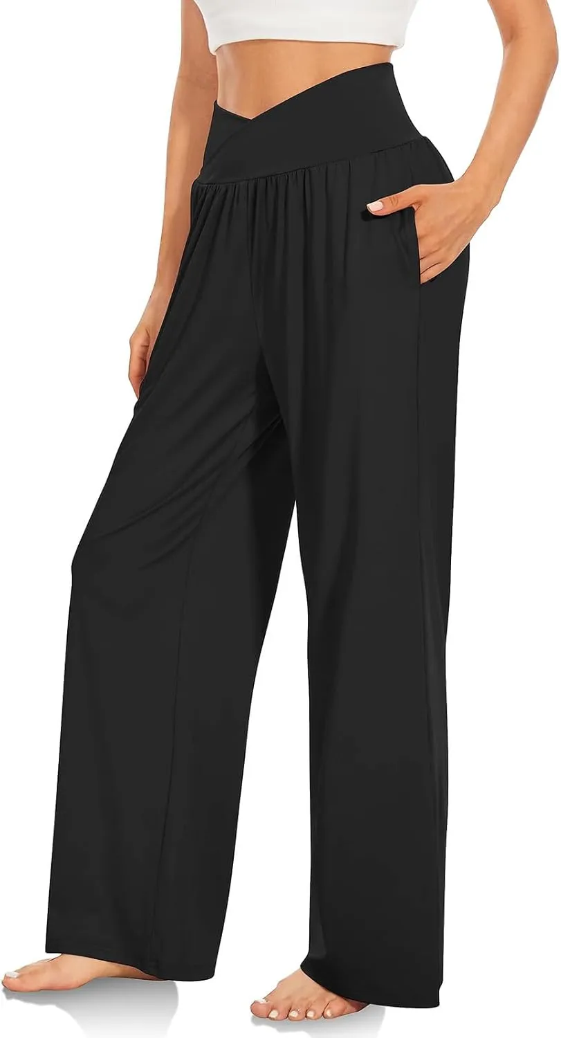 SMIDOW Womens Wide Leg Yoga Pants with Pockets Casual Loose High Waist Workout Pants Comfy Lounge Trousers Bootcut