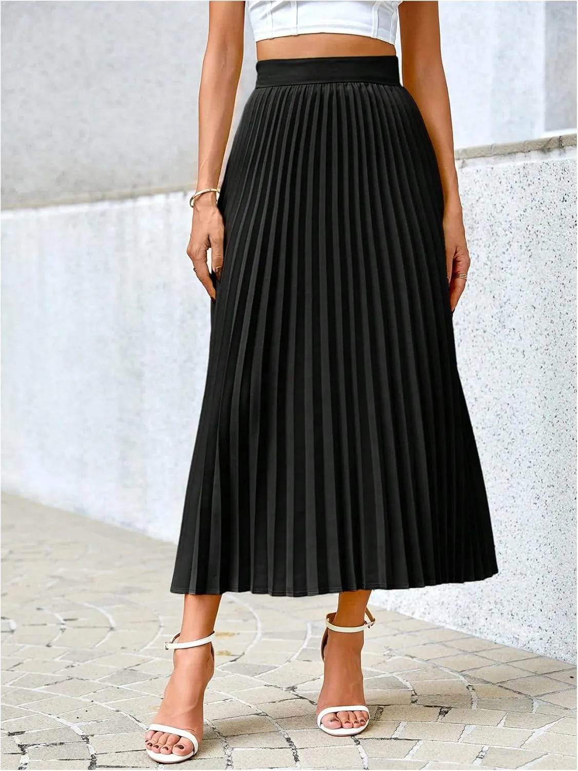 SOLY HUX Women's High Waisted Pleated Skirt A Line Casual Swing Elegant Midi Skirts