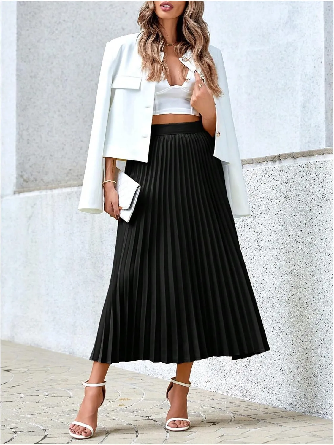SOLY HUX Women's High Waisted Pleated Skirt A Line Casual Swing Elegant Midi Skirts