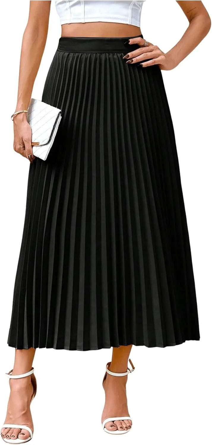 SOLY HUX Women's High Waisted Pleated Skirt A Line Casual Swing Elegant Midi Skirts