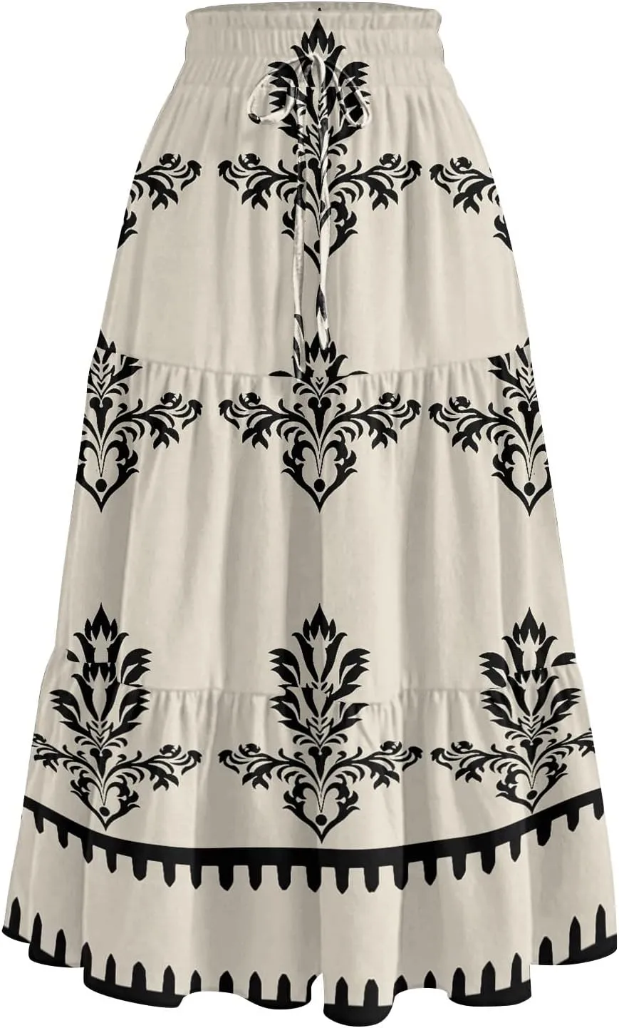 Spring Midi Skirts for Women Floral Beach Flowy Boho Skirt Tiered Pleated Swing A Line Elastic High Waisted Skirt