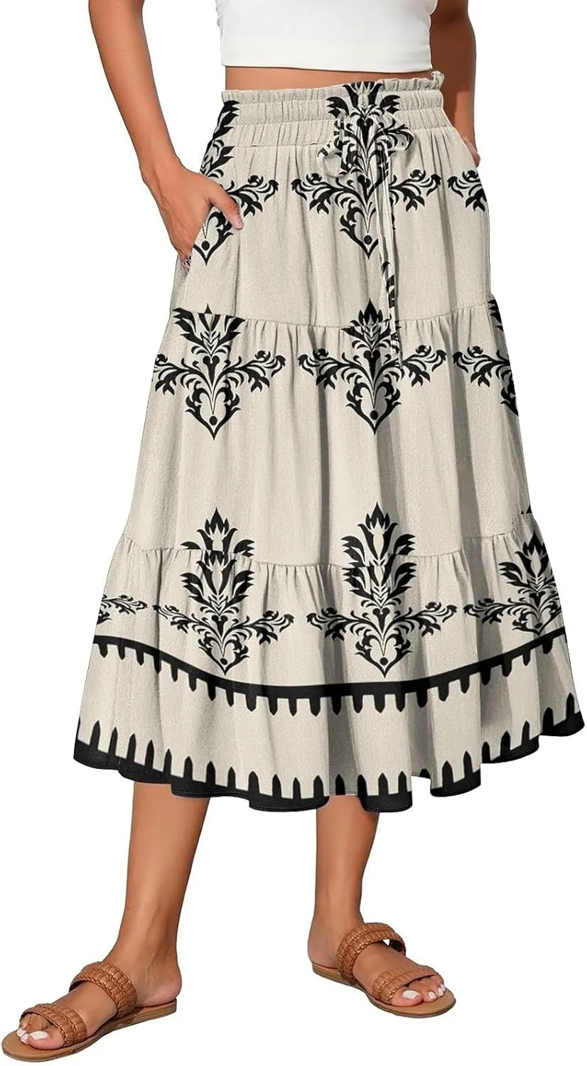 Spring Midi Skirts for Women Floral Beach Flowy Boho Skirt Tiered Pleated Swing A Line Elastic High Waisted Skirt