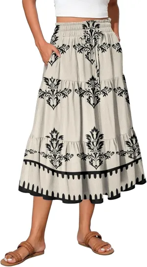 Spring Midi Skirts for Women Floral Beach Flowy Boho Skirt Tiered Pleated Swing A Line Elastic High Waisted Skirt