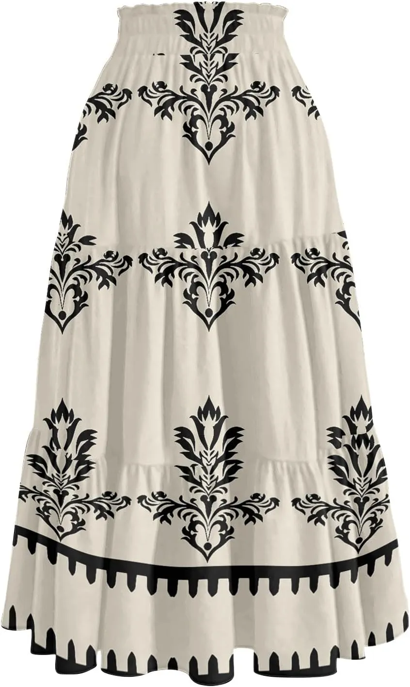 Spring Midi Skirts for Women Floral Beach Flowy Boho Skirt Tiered Pleated Swing A Line Elastic High Waisted Skirt