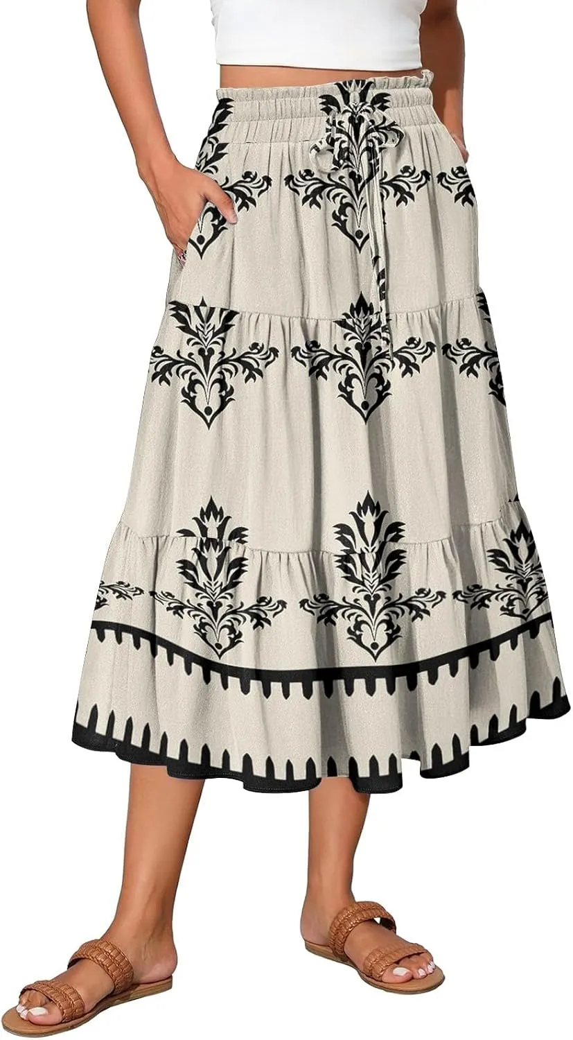 Spring Midi Skirts for Women Floral Beach Flowy Boho Skirt Tiered Pleated Swing A Line Elastic High Waisted Skirt