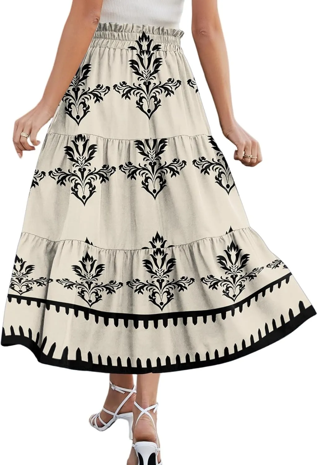 Spring Midi Skirts for Women Floral Beach Flowy Boho Skirt Tiered Pleated Swing A Line Elastic High Waisted Skirt
