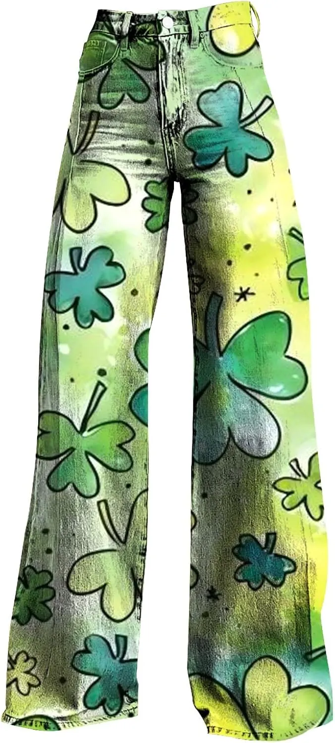 St Patricks Day Outfits for Women Shamrock Prints Patch Mid Waist High Waist Floral Patterned Pants Casual Work