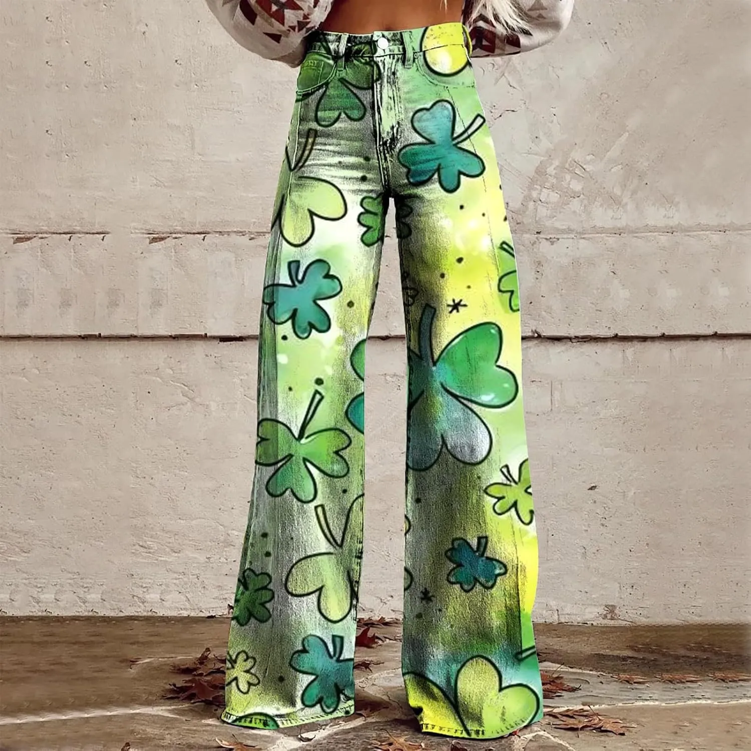 St Patricks Day Outfits for Women Shamrock Prints Patch Mid Waist High Waist Floral Patterned Pants Casual Work
