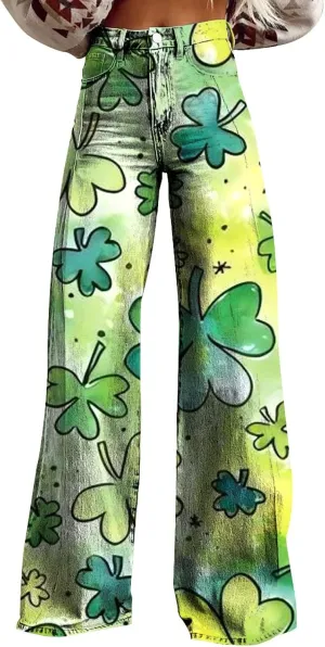 St Patricks Day Outfits for Women Shamrock Prints Patch Mid Waist High Waist Floral Patterned Pants Casual Work